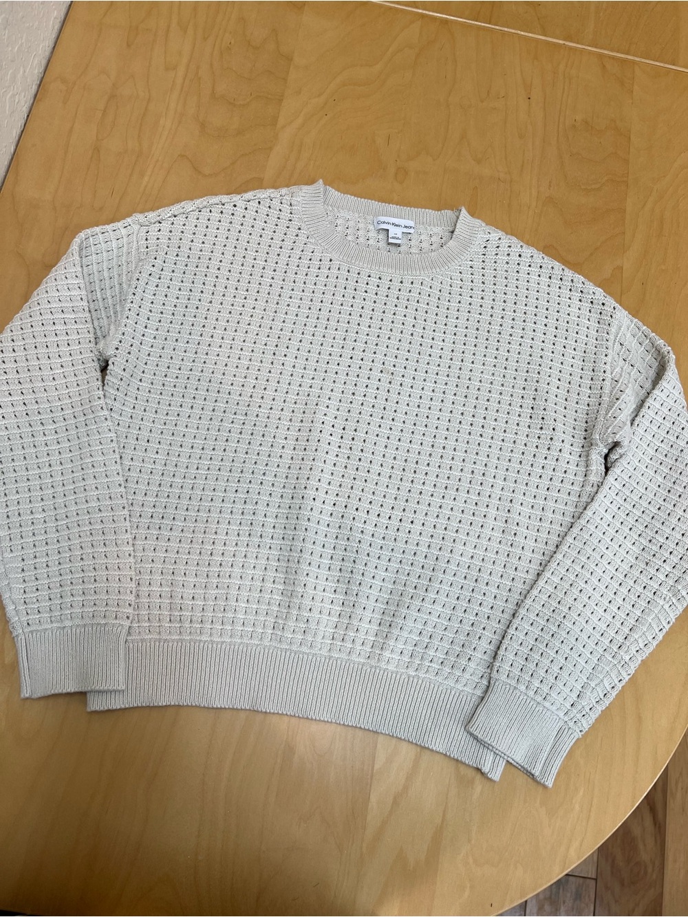 Calvin Klein women’s 100% cotton Cream Waffle Crewneck Sweater size L